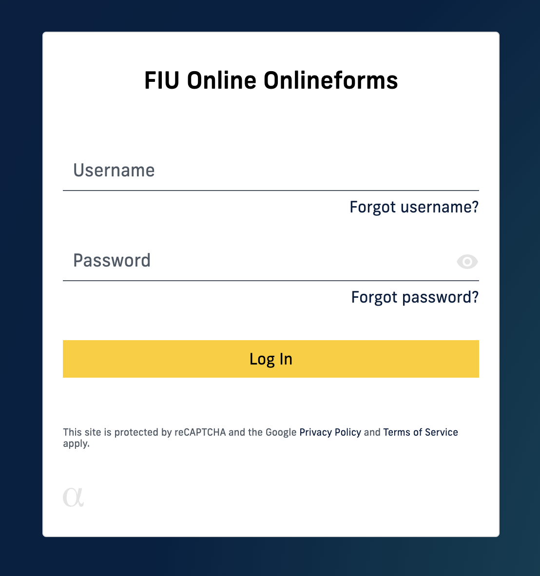 Screenshot of the FIU Online log in screen that has a gradient blue background. In the center there is a white box with the title that say: FIU Online Onlineforms. There is a textbox for username and one for password. It also has a forgot username and forgot password button.