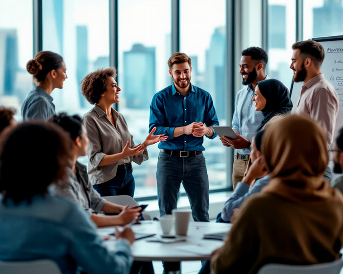 group of men and women in business casual attire meeting in the office smiling