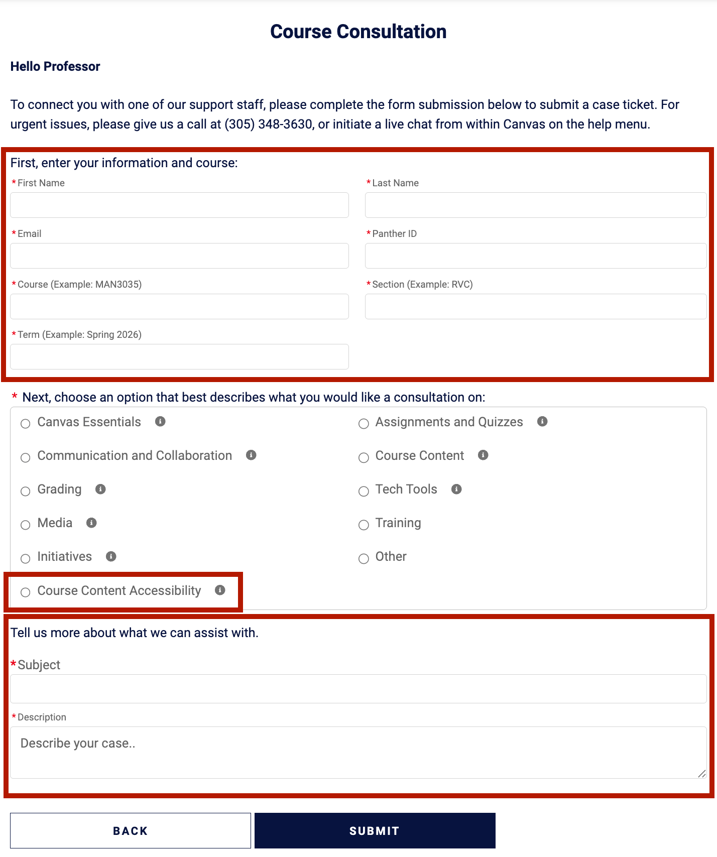 Screenshot of Course Consultation form. There's a red outline on the user and course information, one on the Course Content Accessibility choice, and a third one on the subject and description text box.