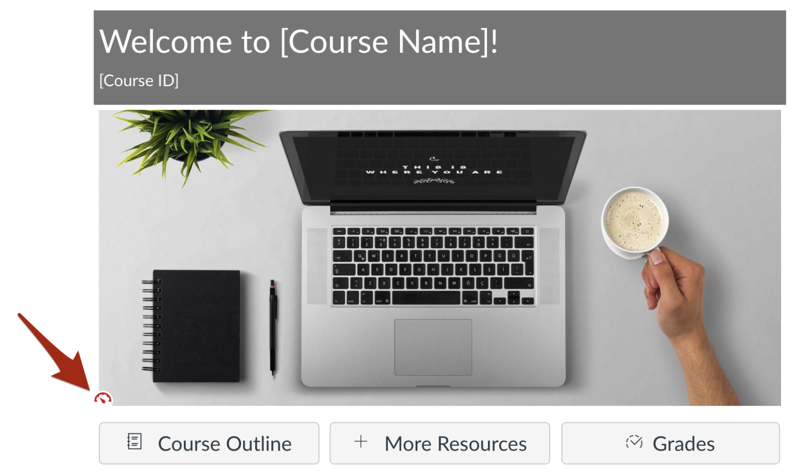 Screenshot of welcome screen for a Canvas course. There is a red arrow pointing to a red gauge that is at the bottom left of the introduction banner.