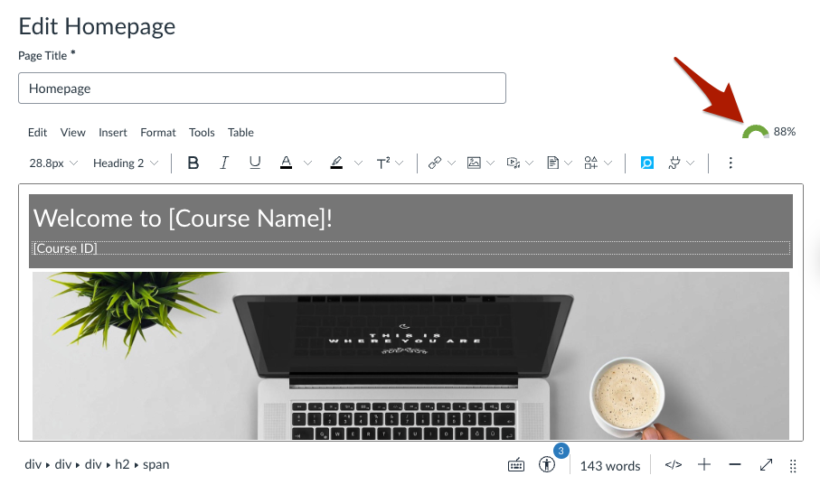 Screenshot of Canvas page with title and text editor. There is a red arrow pointing to a red gauge at the top right of the editor. The gage says 28%.