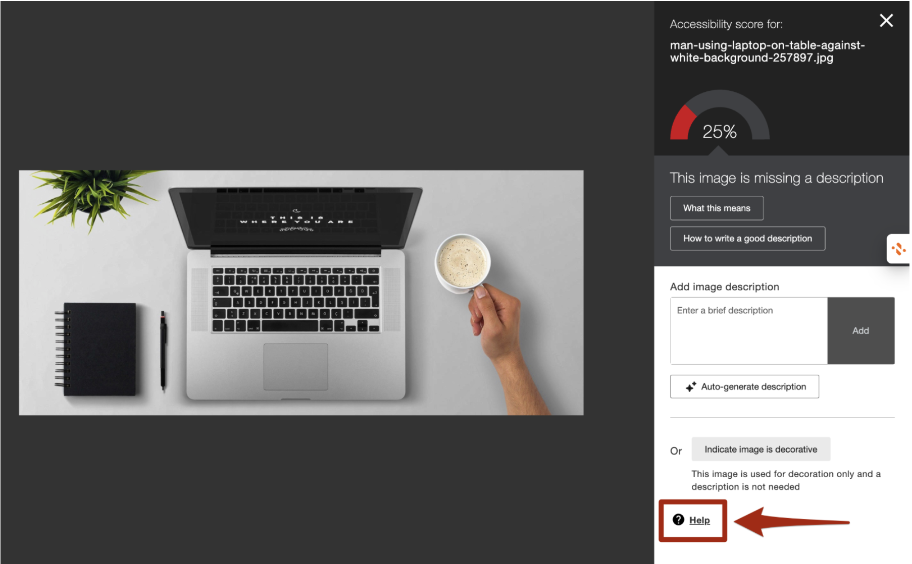 Screenshot of Ally Accessibility Tool in Canvas. There is an image of a laptop on the left and an accessibility sidebar on the right. There is a red arrow pointing to a Help button at the bottom of the sidebar.