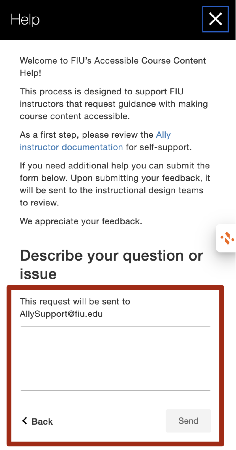 Screenshot of Help section of Ally. There is a red outline around the text box where the user describes the question or issue.